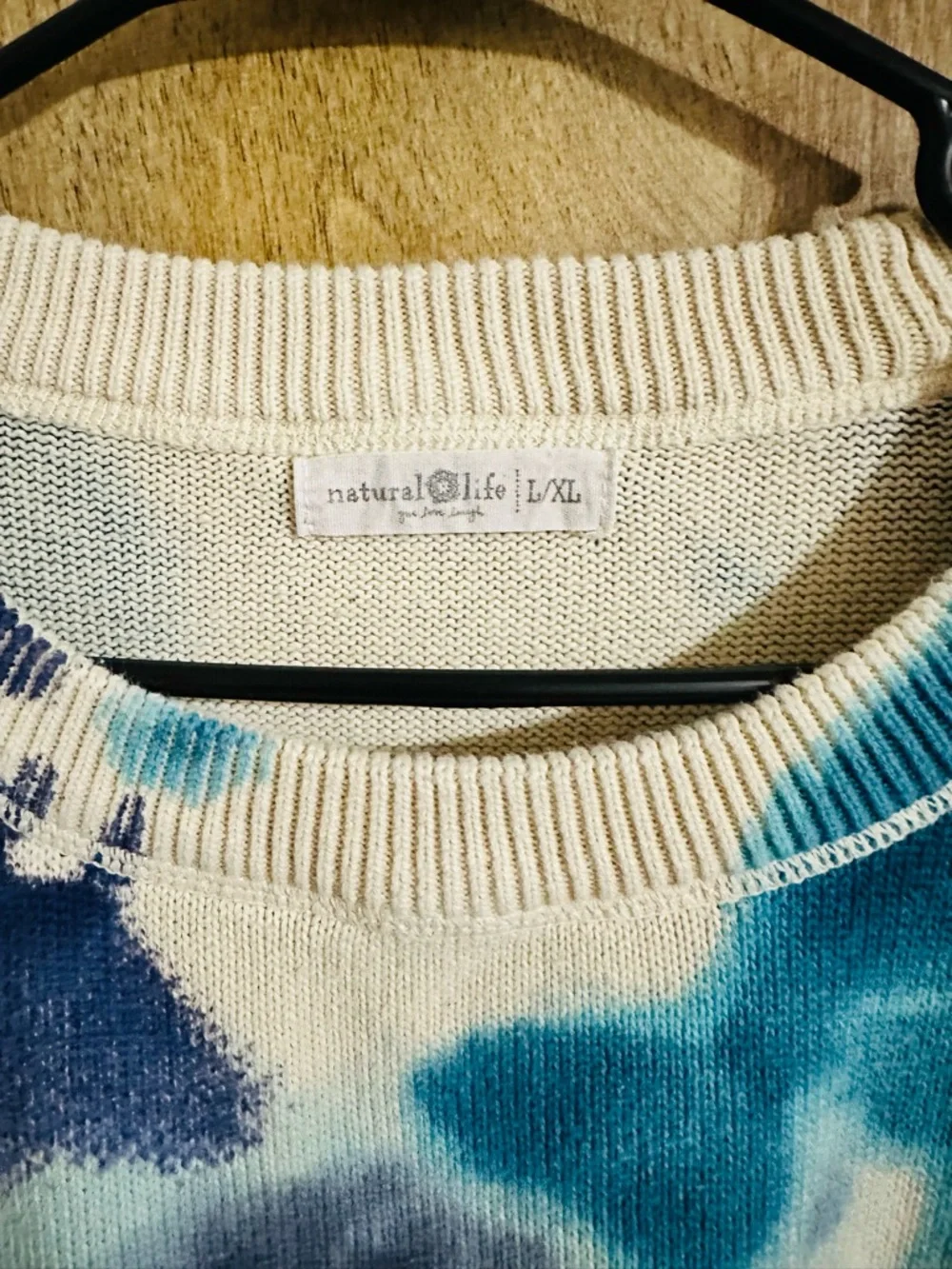 NATURAL LIFE Blue Teal and Cream Tie-Dye Crewneck Sweater - Picture 4 of 4